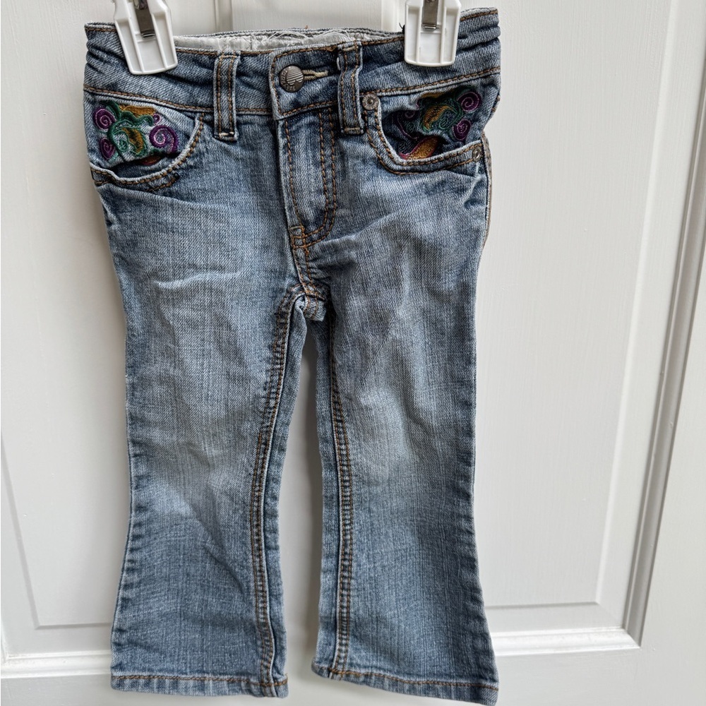 Baby Buns 2T Girls Charming Blue Denim Jeans Pants with Embroidered Designs